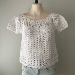 JF Crochet Knit Cottagecore Cropped Short Sleeve Sweater White Crop 100% Cotton